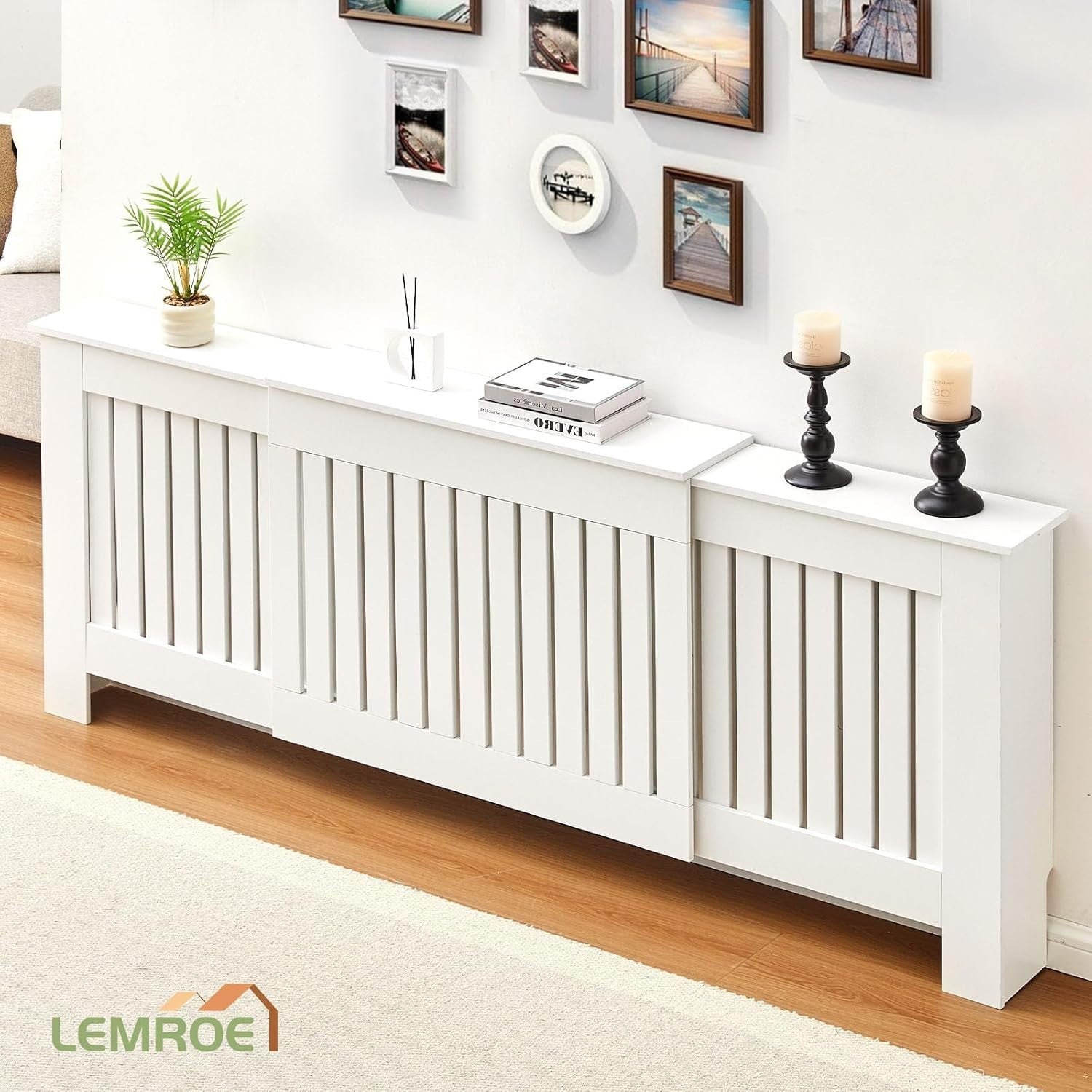 Extendable Radiator Cover White Adjustable MDF Slatted Heating Cabinet Shelf