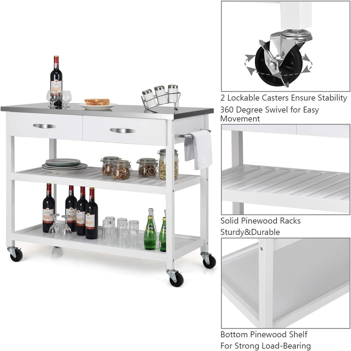 Kitchen Island Trolley on Wheels Stainless Steel Worktop Storage Cart