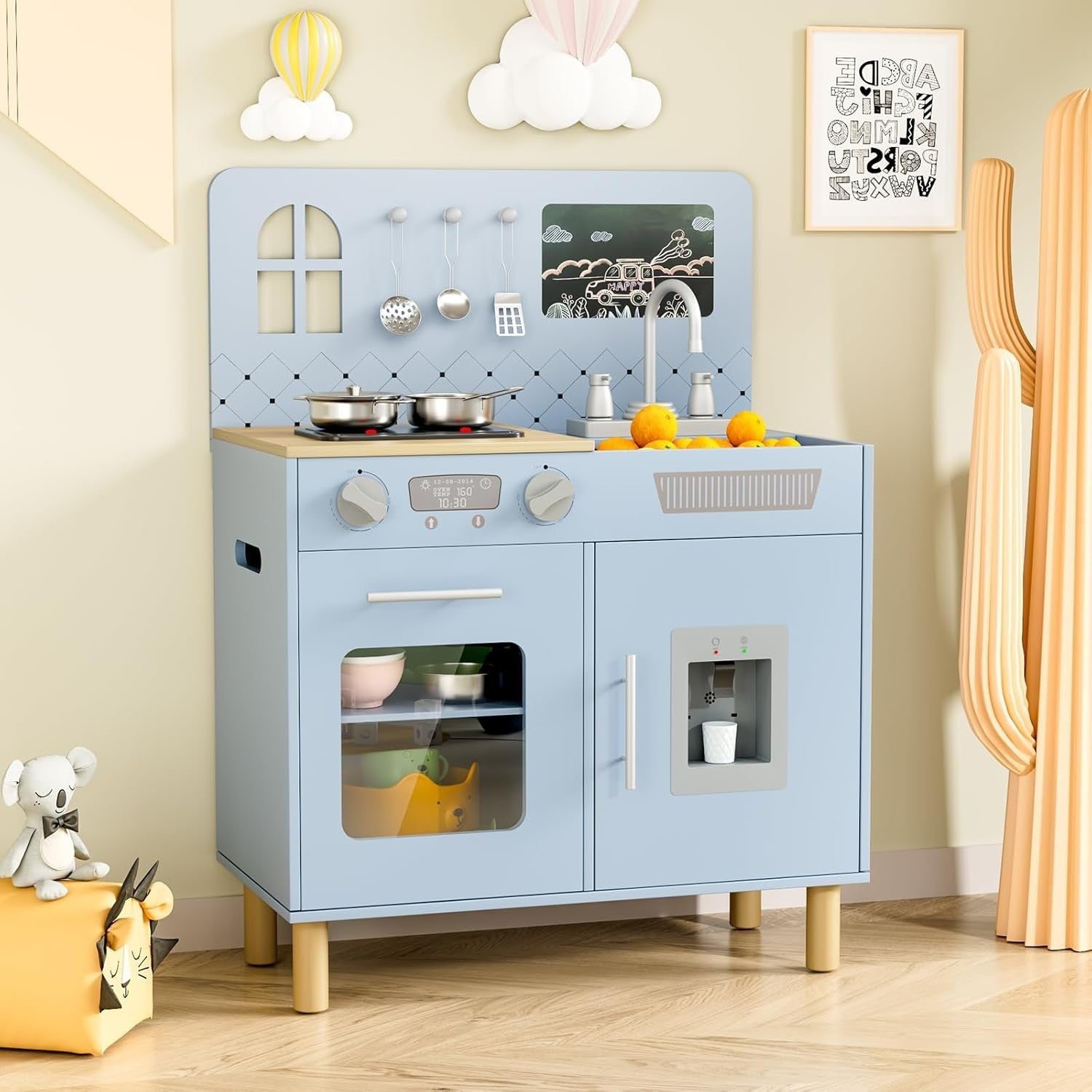 Kids Wooden Play Kitchen w/ Lights Sounds Chalkboard Blue Toy Set
