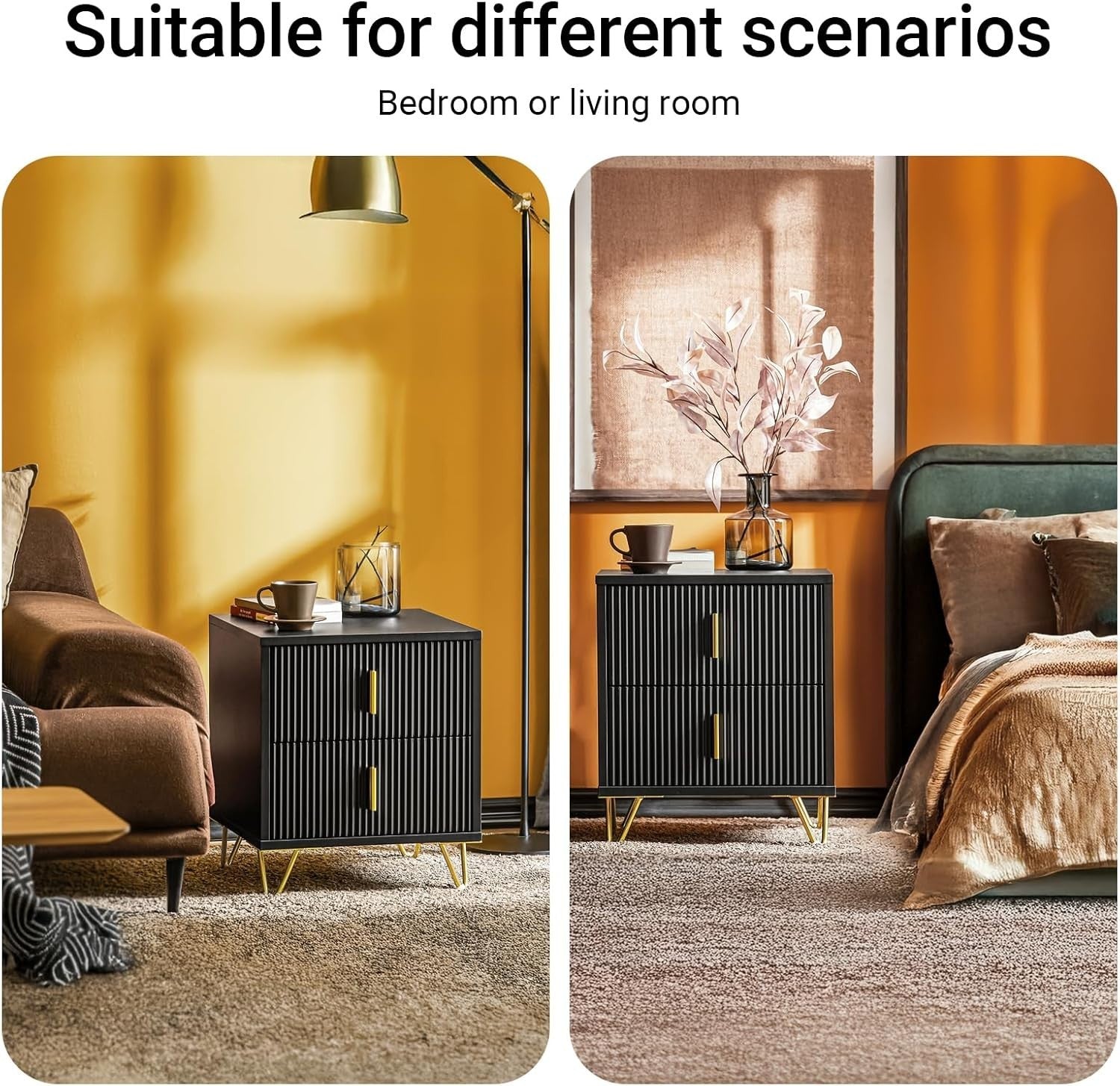 Black Bedside Table with 2 Drawers & Gold Legs – Modern Nightstand