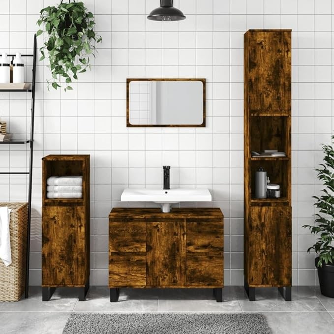 Rustic Oak Wide Bathroom Sink Cabinet 80x33x60cm Under Basin Storage Unit Drawer
