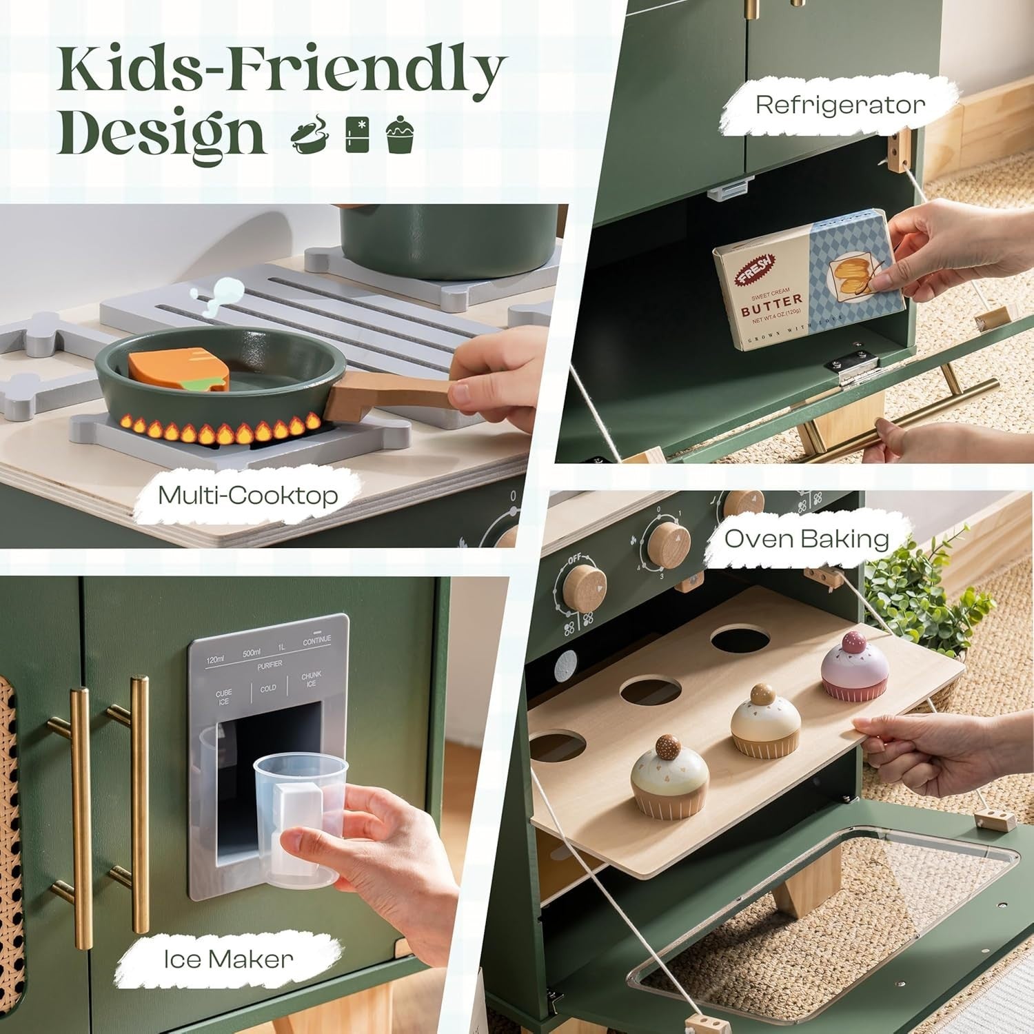 Wooden Kids Play Kitchen 3-in-1 Fridge Oven Sink Green Toy