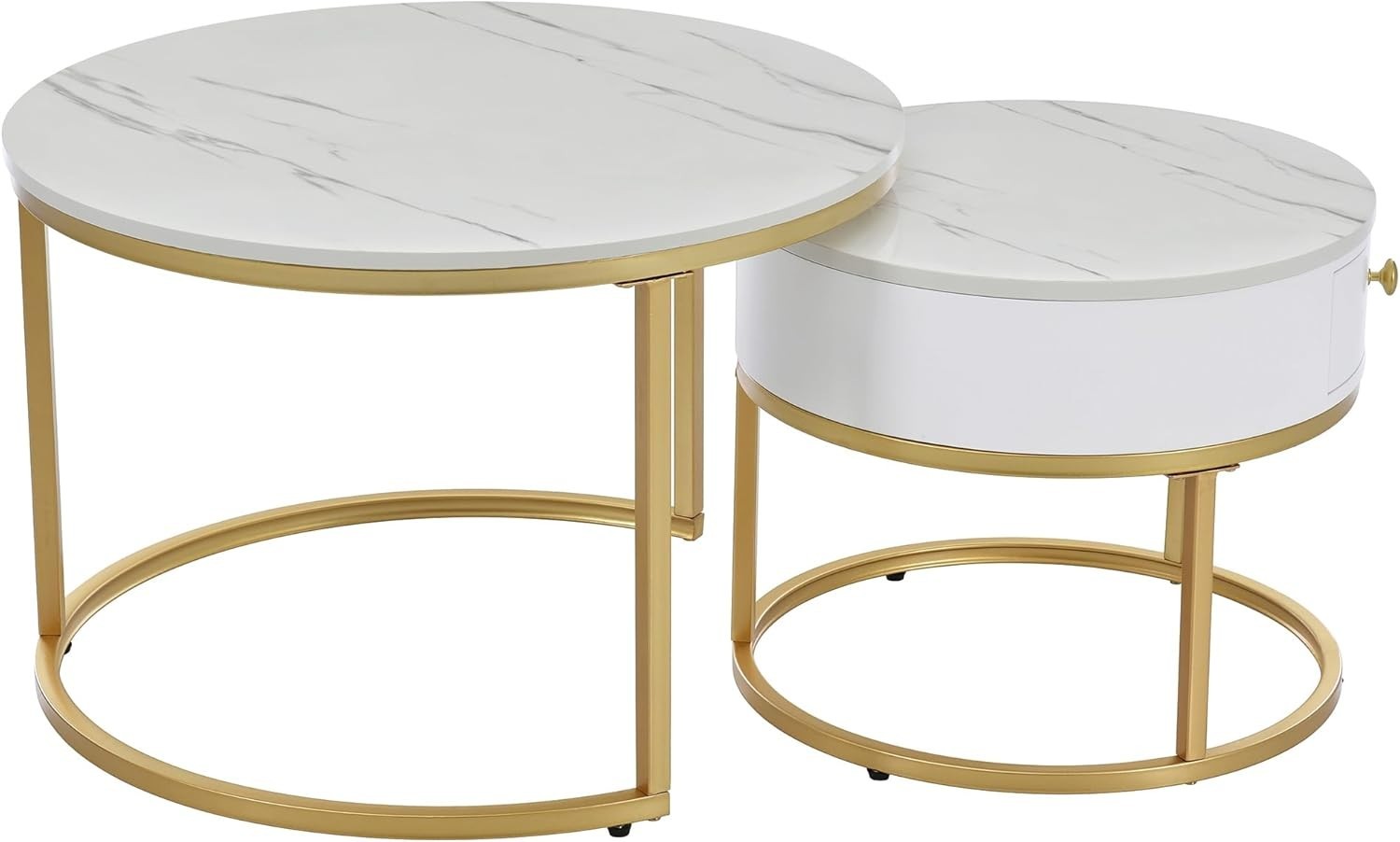 Nest Coffee Table Set 2Pc Round Faux Marble Gold Metal Frame Adjustable Storage