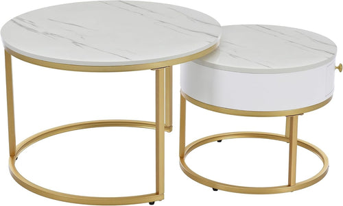 Nest Coffee Table Set 2Pc Round Faux Marble Gold Metal Frame Adjustable Storage