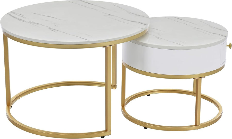 Nest Coffee Table Set 2Pc Round Faux Marble Gold Metal Frame Adjustable Storage