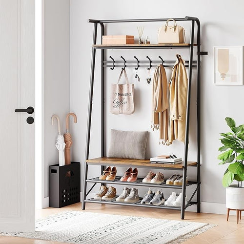 Rustic Brown 3-in-1 Coat Rack with Shoe Storage & 6 Hooks Metal Hall Tree