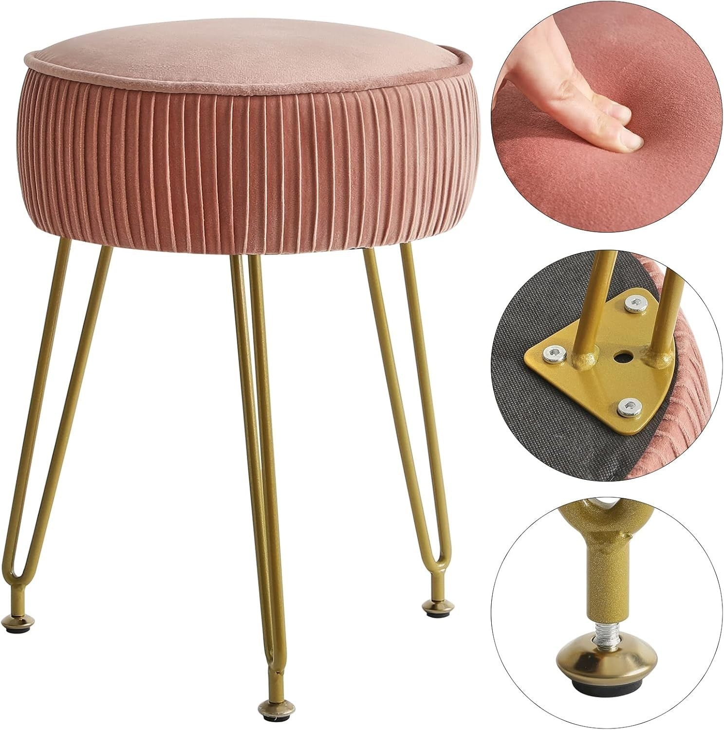 Pink Velvet Round Vanity Stool with Golden Steel Legs – Footrest & Side Table