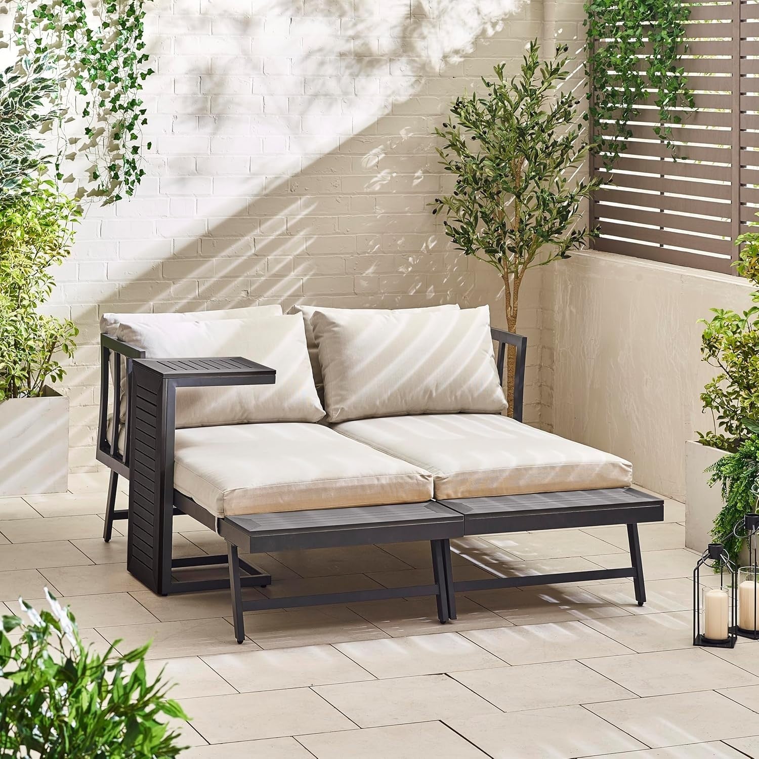 2-Seater Modular Garden Sofa Set Grey Metal & Rattan Outdoor Lounge Table