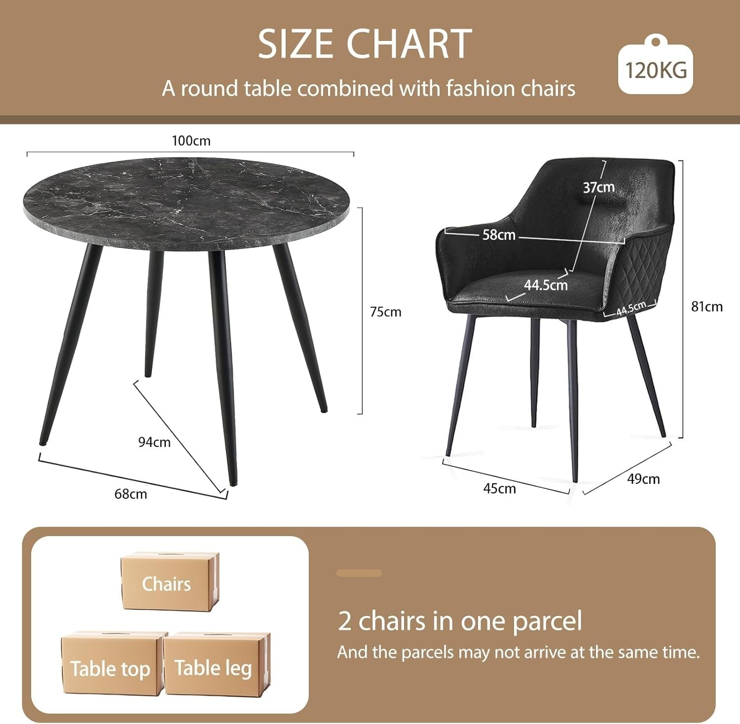 Round Black Marble Dining Table Set with 2 Faux Suede Chairs Kitchen Room