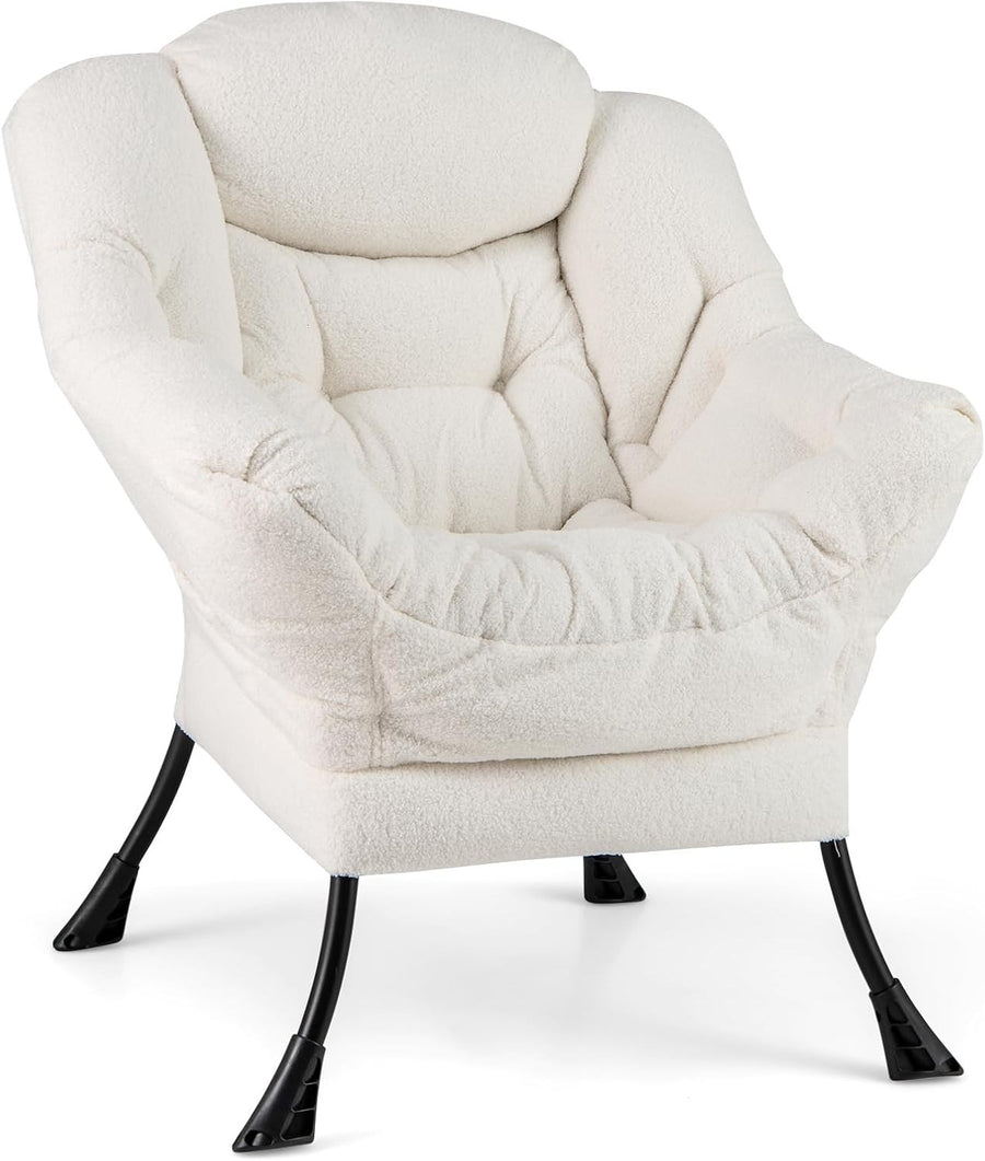 Beige Sherpa Armchair Comfy Lounge Reading Chair Sofa w/ Side Pocket
