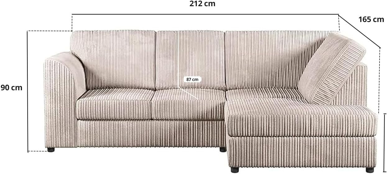 High Back Jumbo Cord 4-Seater Right Hand Corner Sofa Cream L-Shape
