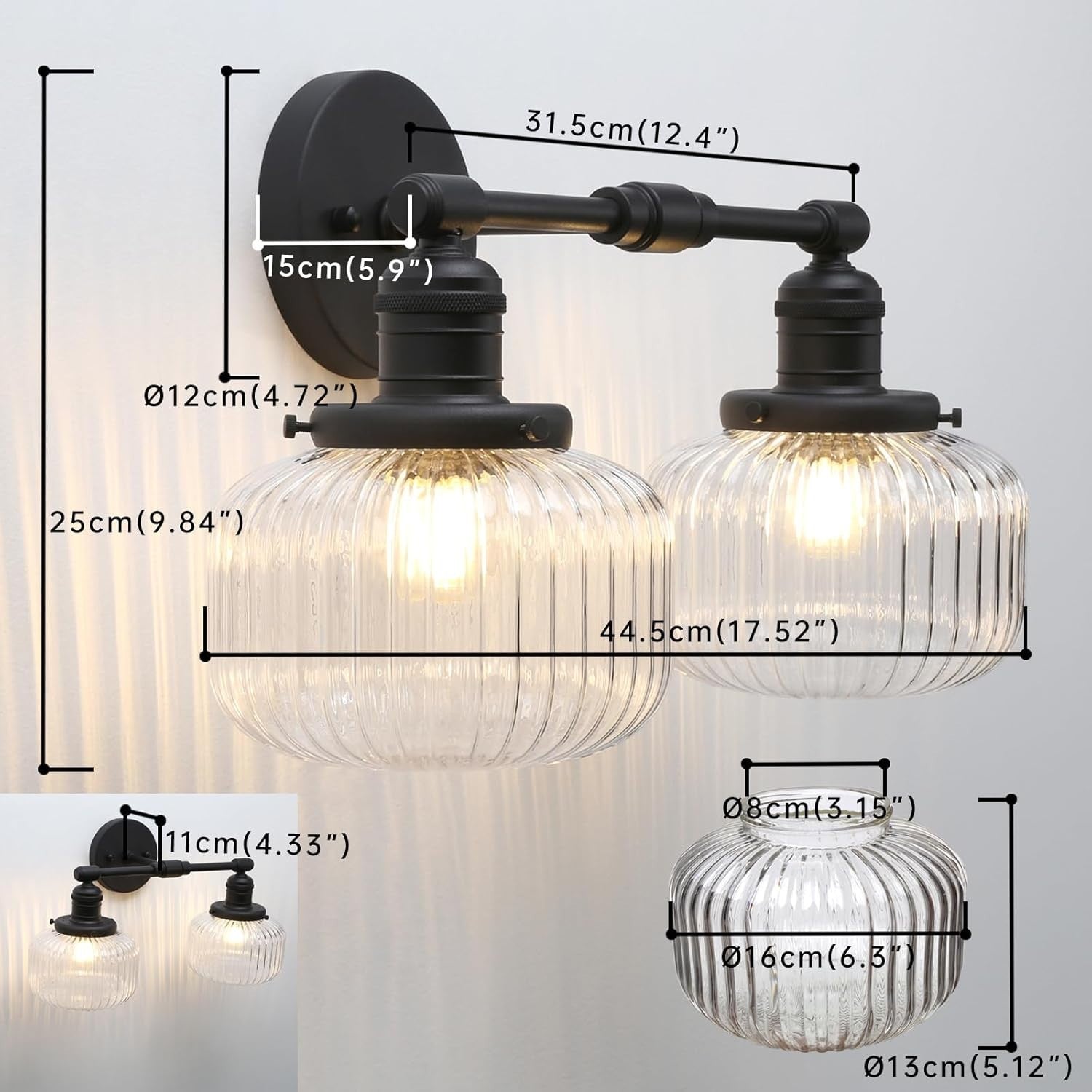Industrial 2-Light Black Glass Wall Sconce | Vintage Bathroom Vanity Light