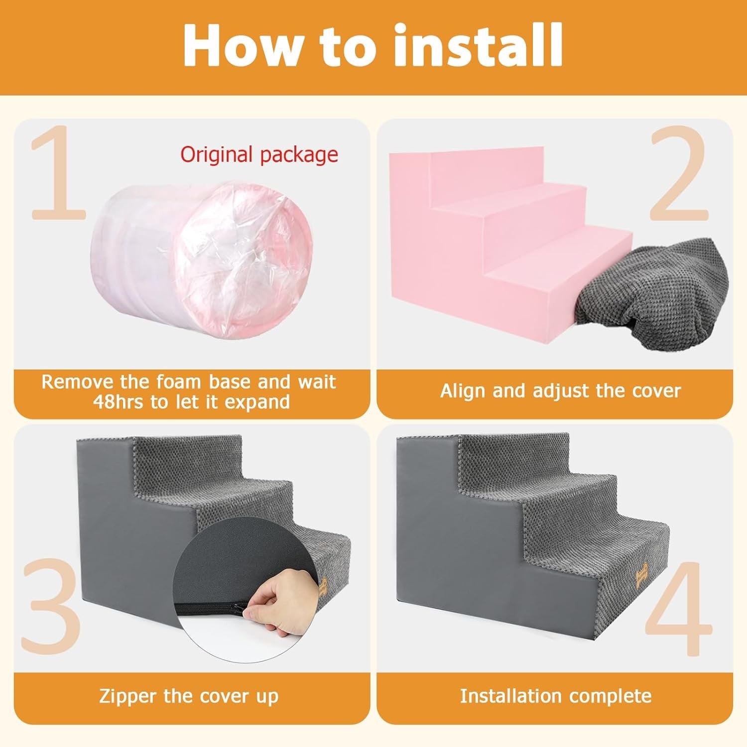 3-Step Dog Stairs Non-Slip Pet Ramp for Small Dogs Cats Grey