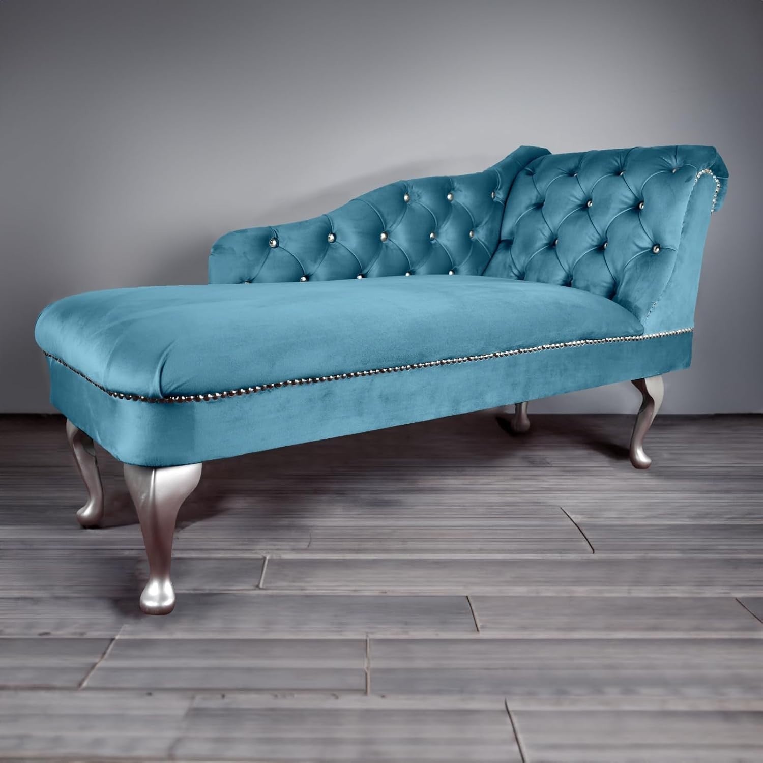Velvet Chaise Lounge Sofa Right Hand Sky – Tufted Seat, UK Handmade