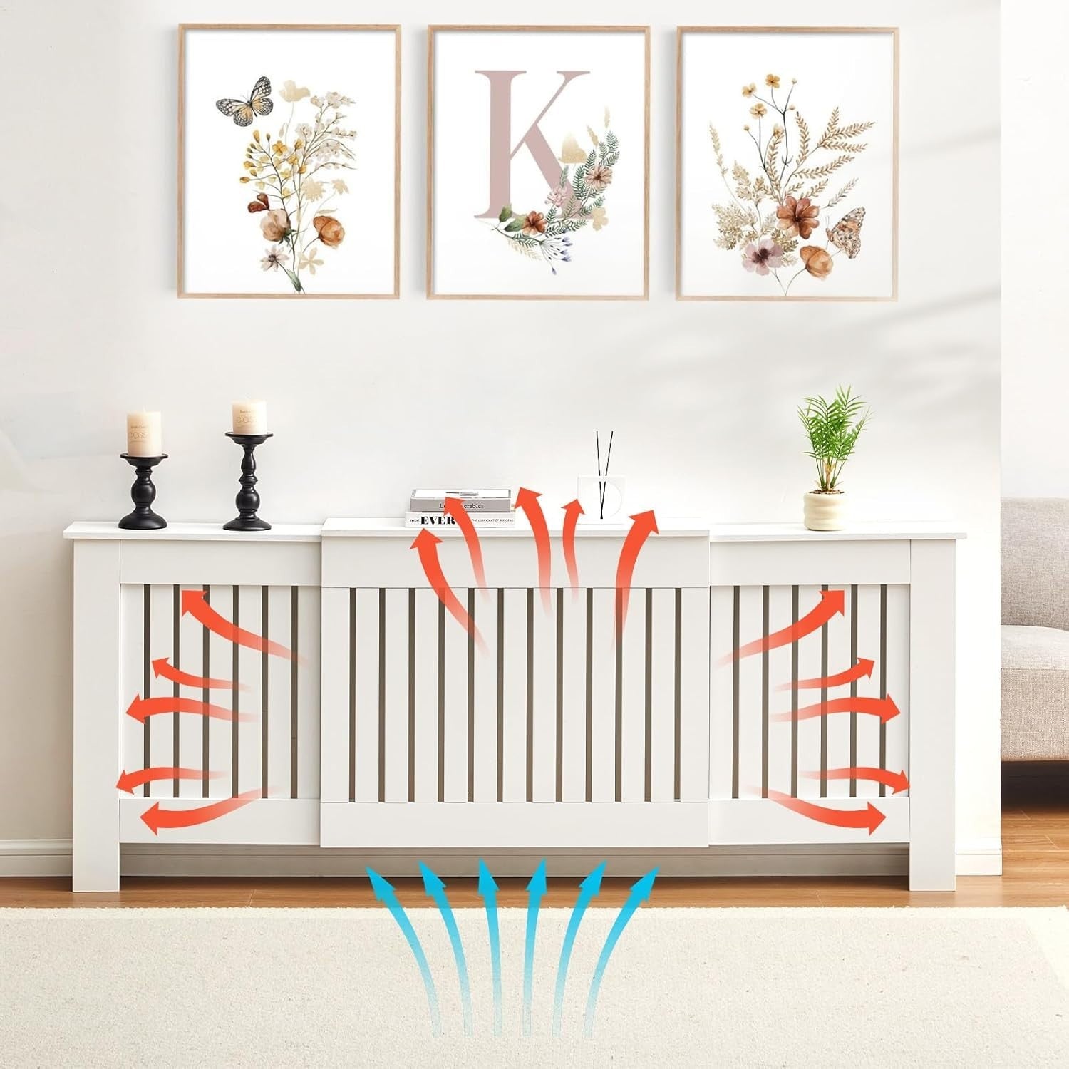 Extendable Radiator Cover White Adjustable MDF Slatted Heating Cabinet Shelf