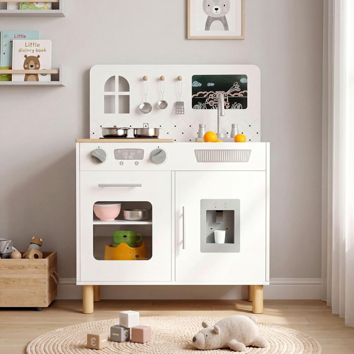 Kids Wooden Play Kitchen w/ Lights Sounds Chalkboard White Toy
