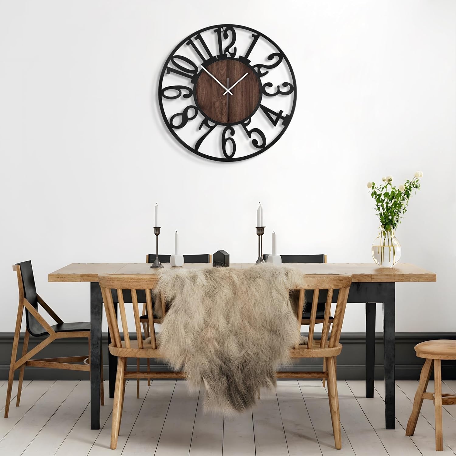 Large 34cm Silent Wall Clock Modern Rustic Metal Wood Arabic Number Decor
