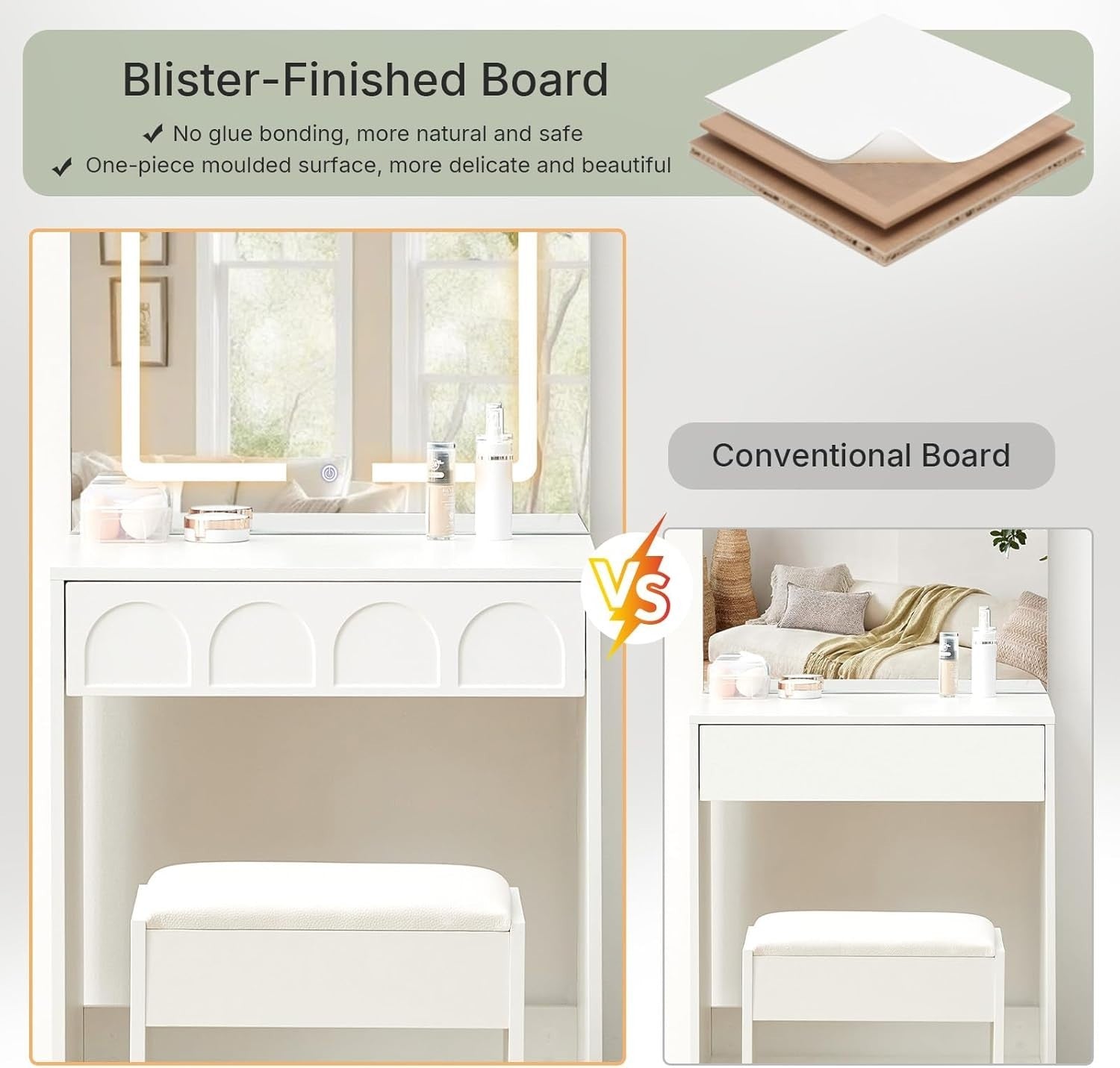 Modern Dressing Table Vanity Set Touch Screen LED Mirror Makeup Desk White