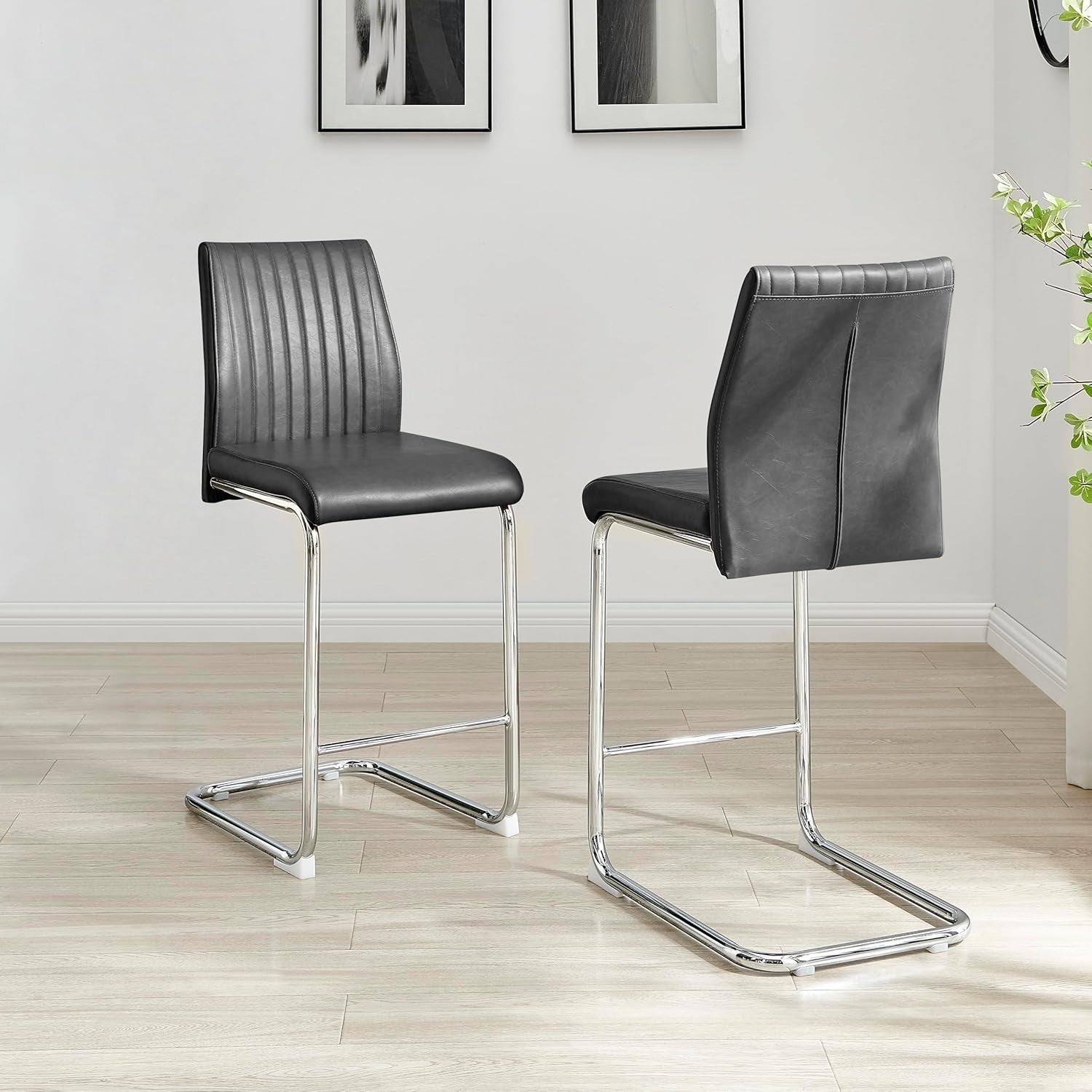 Modern Grey Bar Stools Set of 2 – Faux Leather Cantilever Chairs