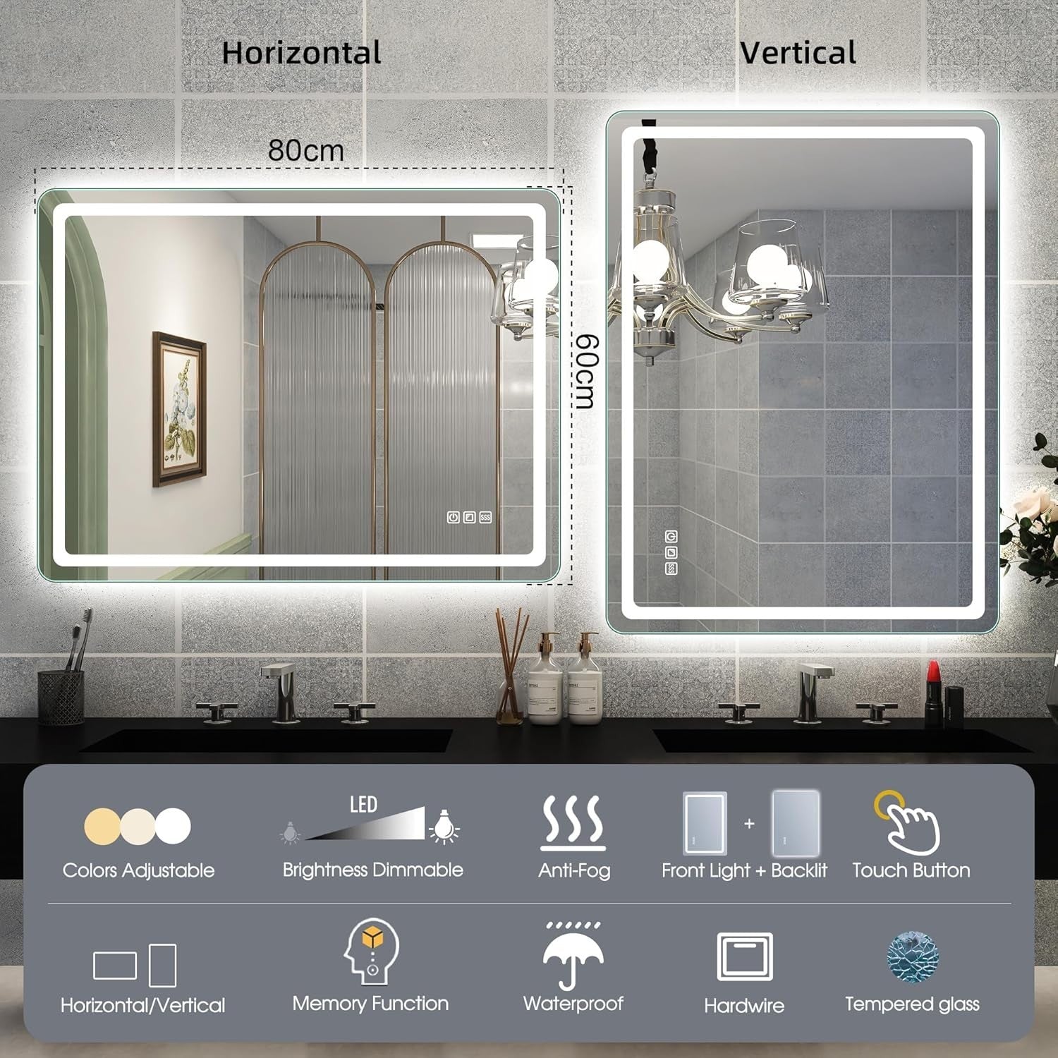 LED Bathroom Mirror 60x80 cm Silver Frame, Dual Light, Anti-Fog, Dimmable