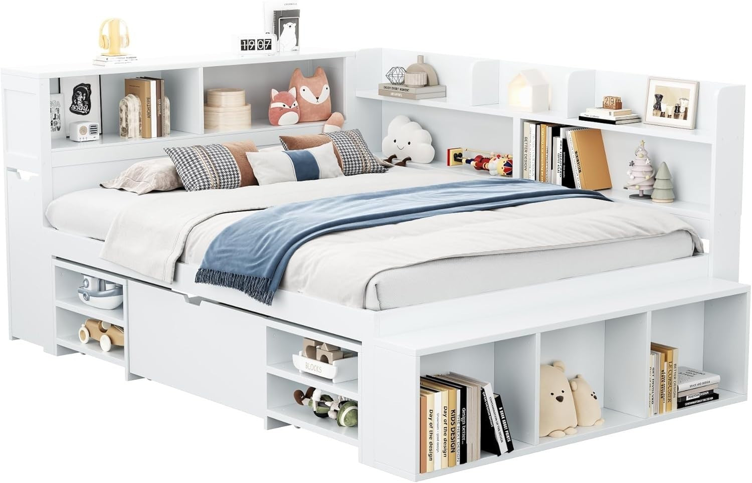 Single Cabin Bed with Storage Drawers Shelves Bookcase White 4FT6