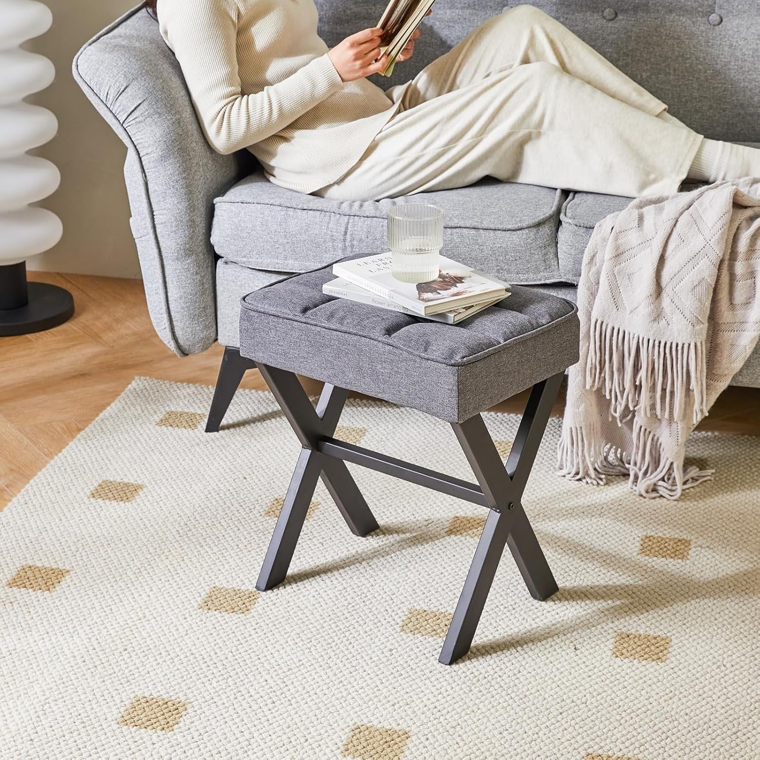 Dark Grey Linen Makeup Stool with X-Leg Base – Square Vanity Footrest