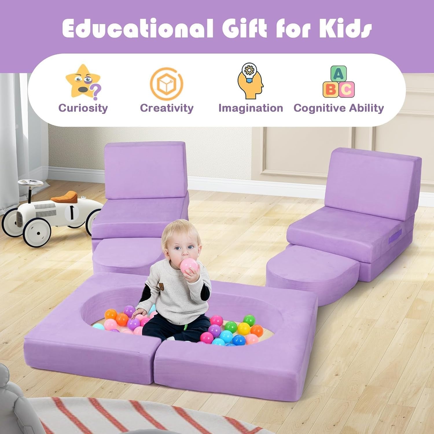 Kids Modular Play Sofa Purple 8pc Foam Couch Bed Set Washable Covers