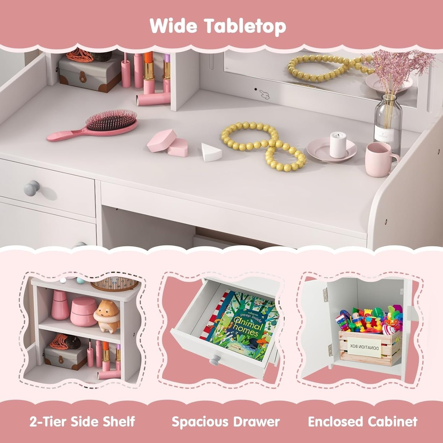 Kids Vanity Table & Chair Set with LED Mirror Storage Shelves Drawer White