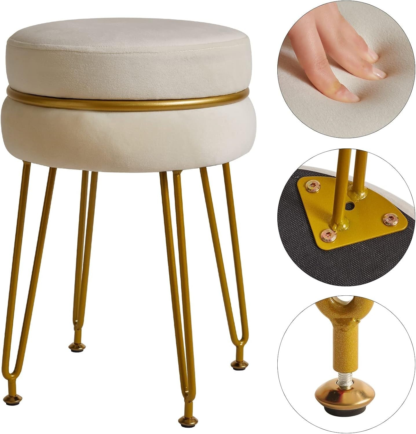 Cream Velvet Round Footstool with Gold Legs – Modern Vanity Stool Seat