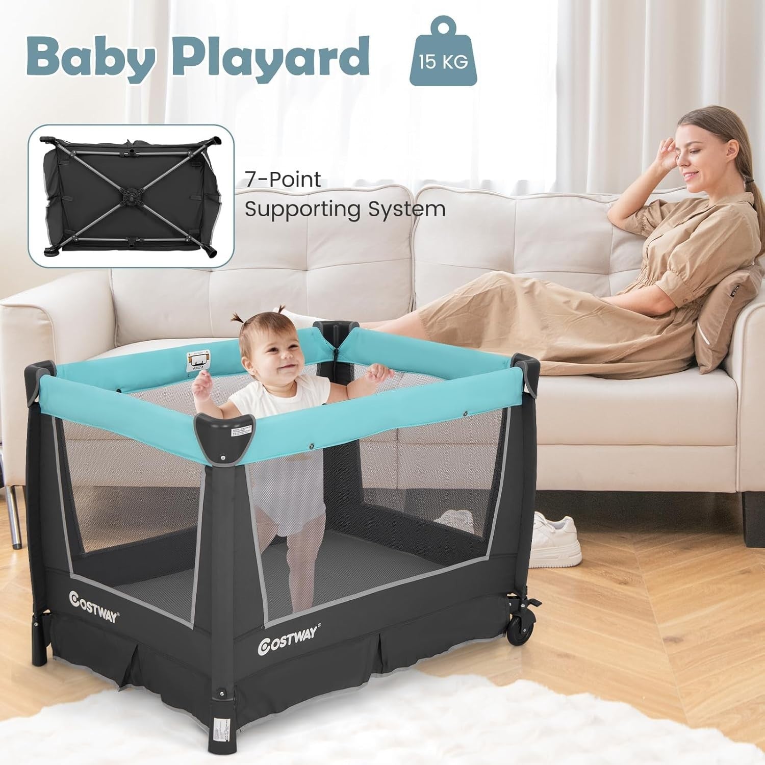 4in1 Travel Cot Baby Bedside Foldable Crib Bassinet Portable Playard Mint Green