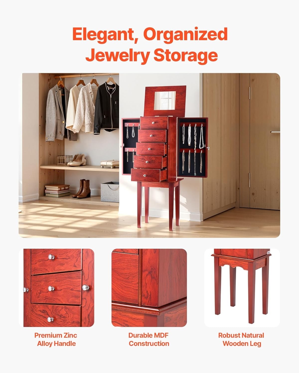 Standing Wooden Jewelry Armoire with Drawers Flip Top Mirror Necklace Doors