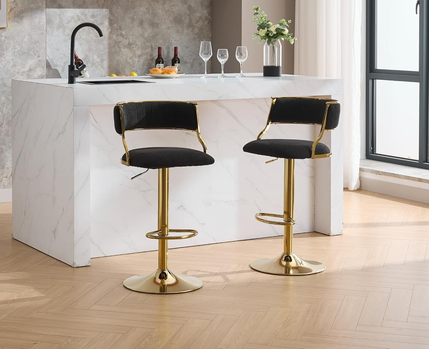 Black Velvet Swivel Bar Stools Set of 2 – Adjustable Counter Chairs