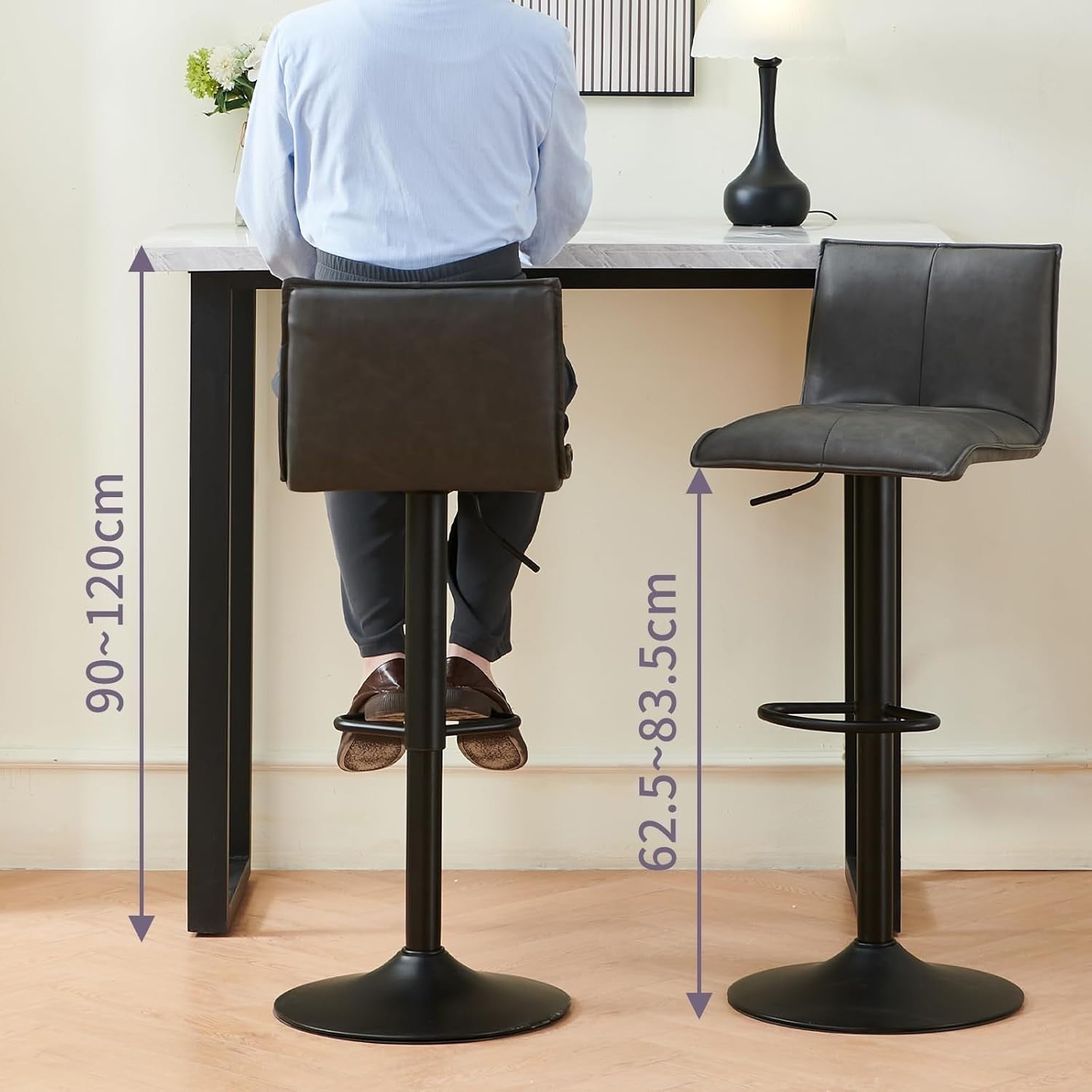 Pu Grey Faux Leather Bar Stool Set of 4 Adjustable Swivel Kitchen Chairs