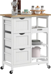 Rolling Kitchen Island Cart with Storage Drawers & Removable Tray, White Trolley