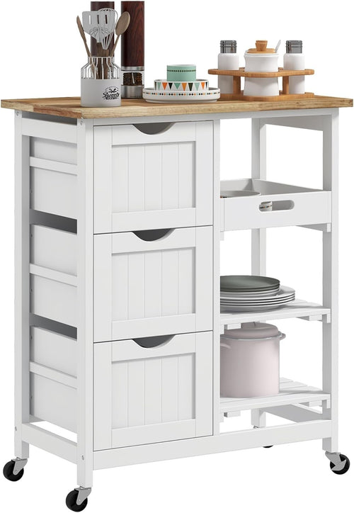 Rolling Kitchen Island Cart with Storage Drawers & Removable Tray, White Trolley