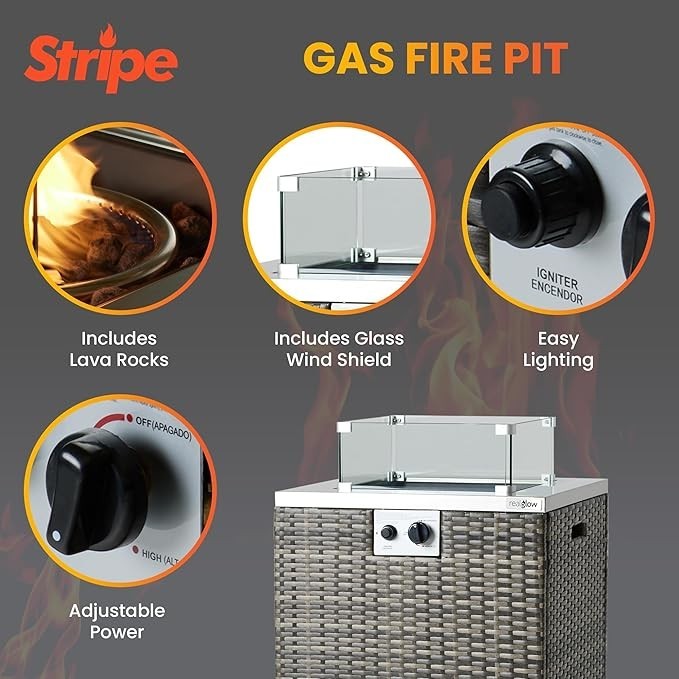 Outdoor Gas Patio Heater Fire Pit with Glass Rocks & Wind Shield | 13KW Heat