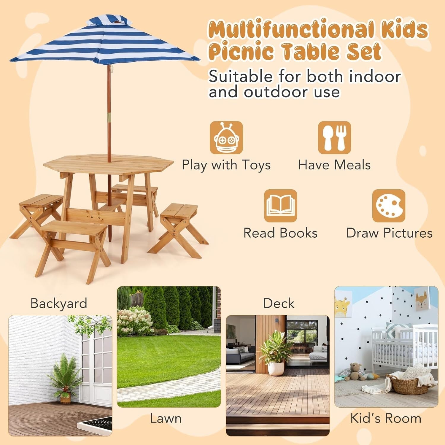 Wooden Kids Picnic Table Set with 4 Stools & Adjustable Umbrella Outdoor