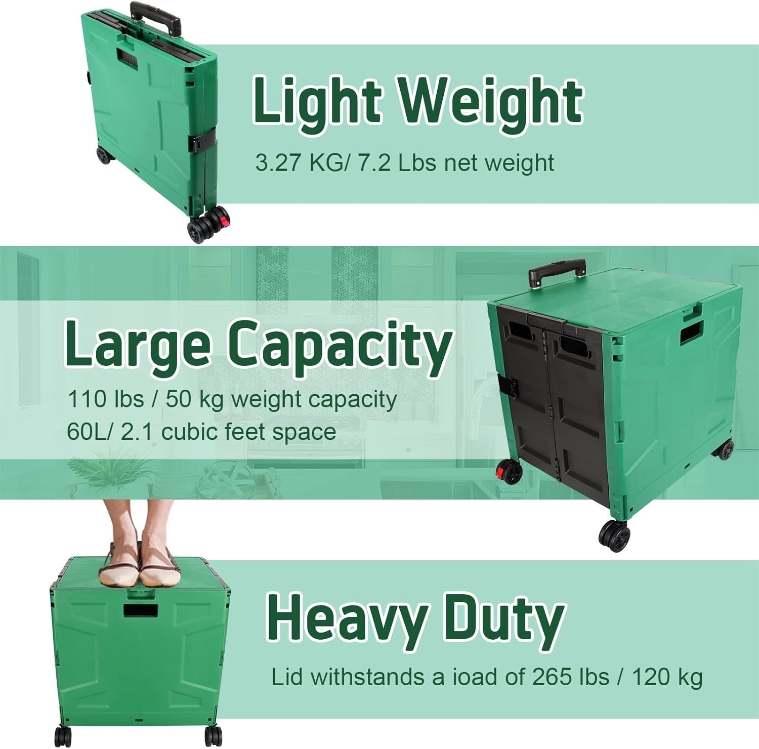 Foldable Rolling Shopping Trolley Cart Box 50Kg Portable w/ Lid Green