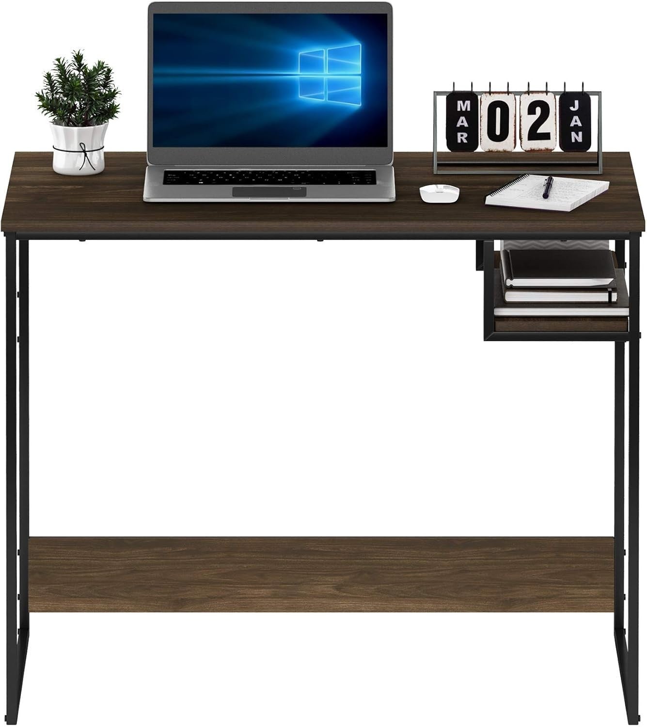 Modern Study Desk with Storage Shelf, Compact Walnut Computer Table 90x51x75cm
