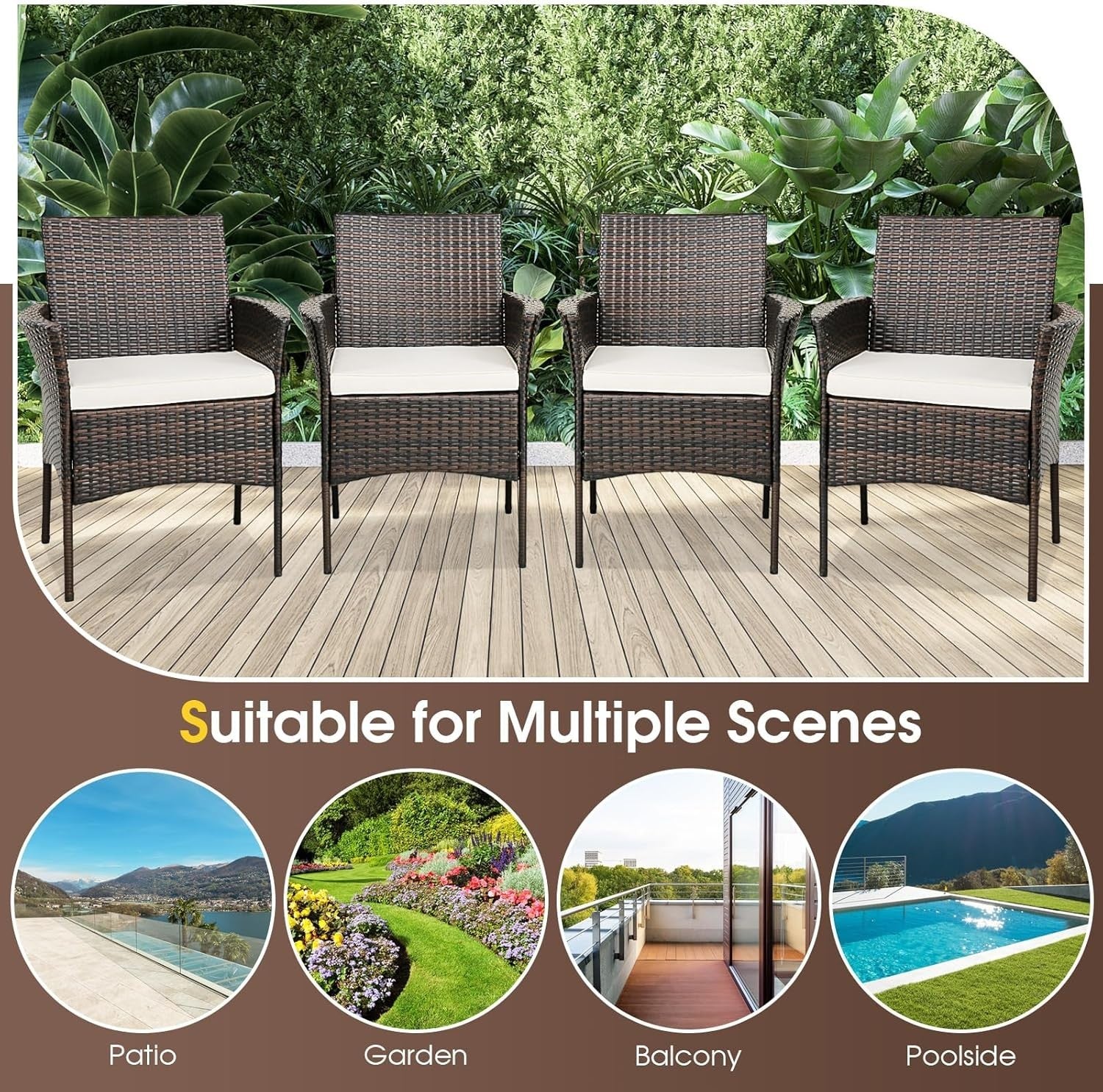 Set of 4 Outdoor Rattan Dining Chairs Cushioned Patio Armchairs Garden
