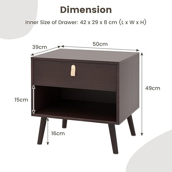 Mid-Century Bedside Table with Drawer & Shelf, Solid Wood Legs, Small Space