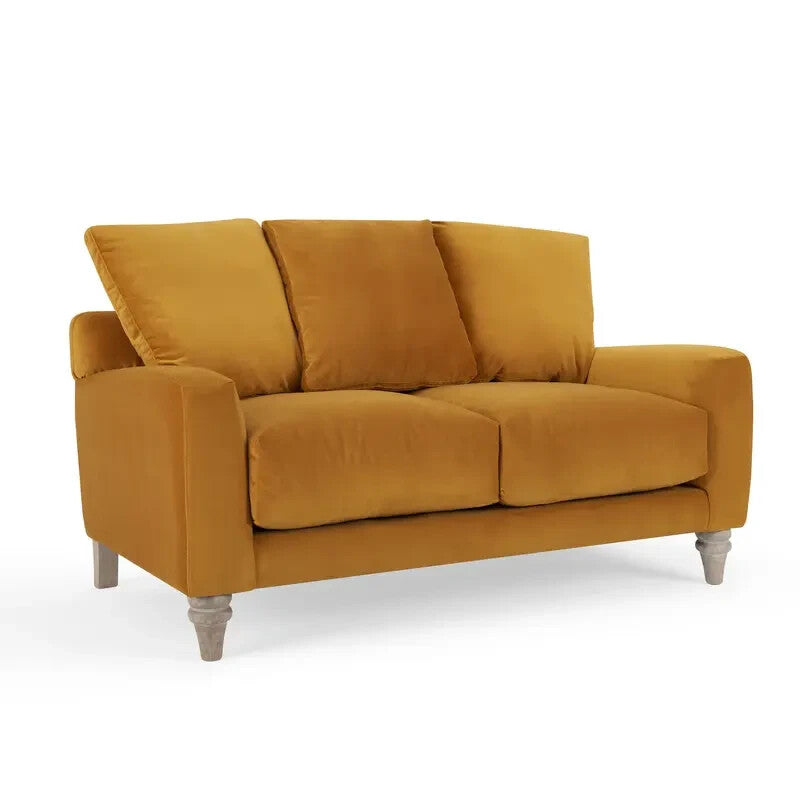 Luxury Mustard Velvet 2 Seater Sofa with Scatter Cushions & Wood Legs