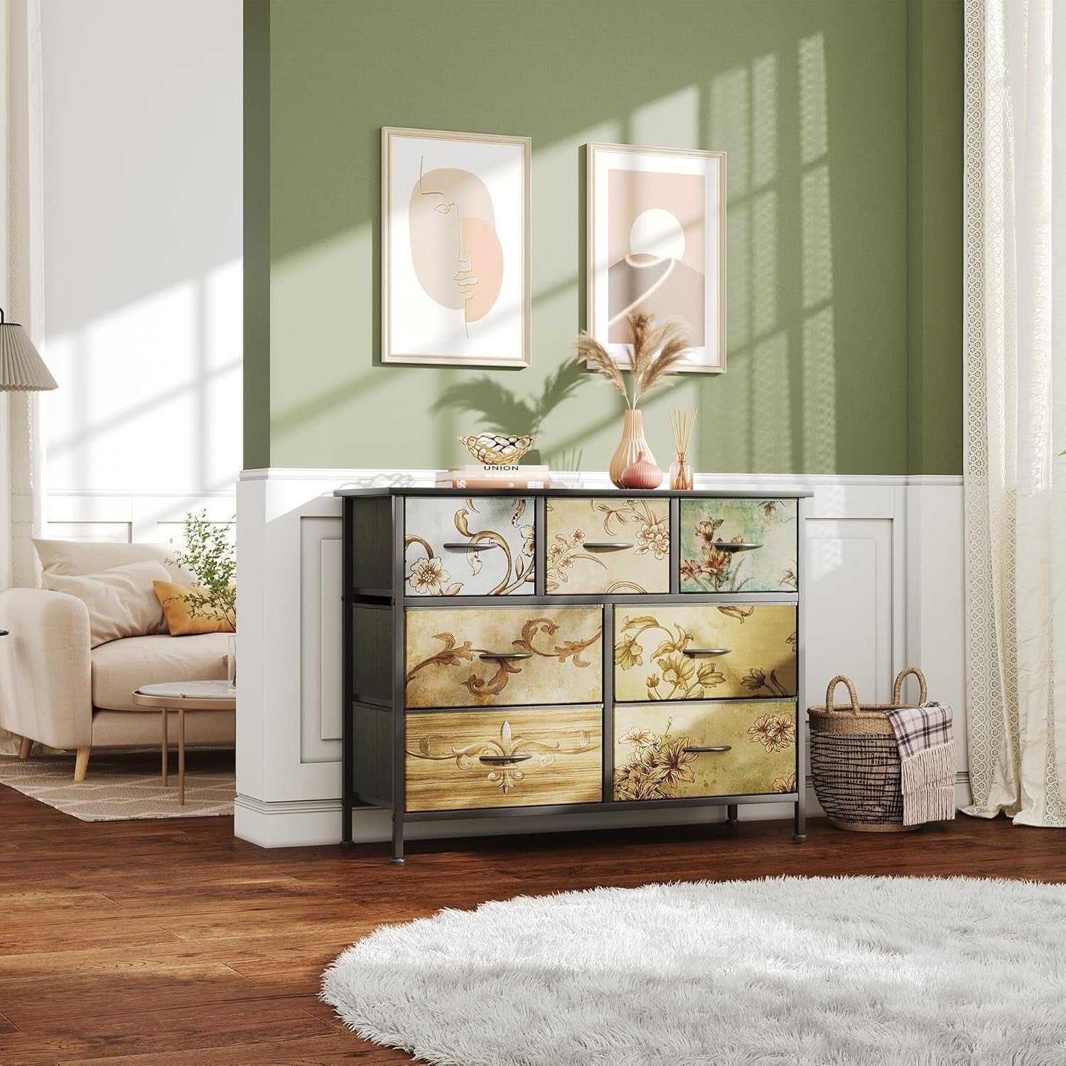 Tall 7 Drawer Fabric Dresser Chest Storage Unit Wood Top Hallway Decor