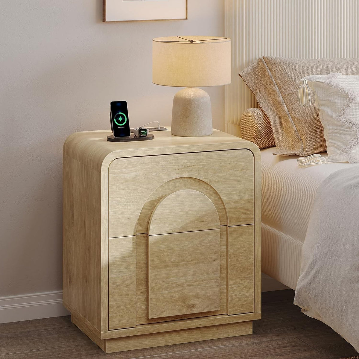 Mid Century Curved Bedside Table with Charging Station & 2 Drawers Storage