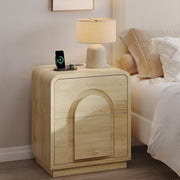 Mid Century Curved Bedside Table with Charging Station & 2 Drawers Storage