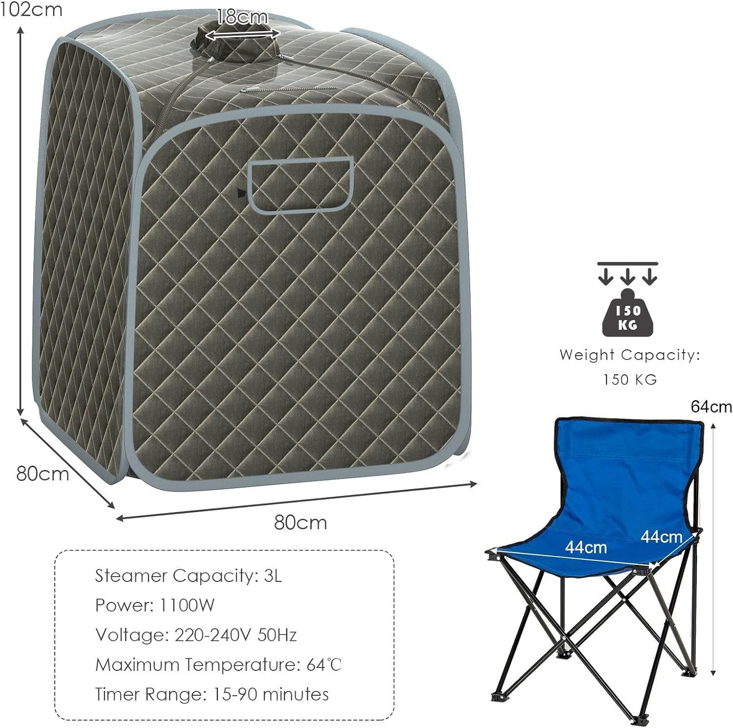 Portable Full Body Steam Sauna Tent – 3L Steamer, Chair, Remote, Grey