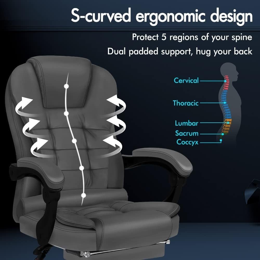 Grey Massage Office Chair Recliner Footrest Ergonomic PU Leather Heavy Duty