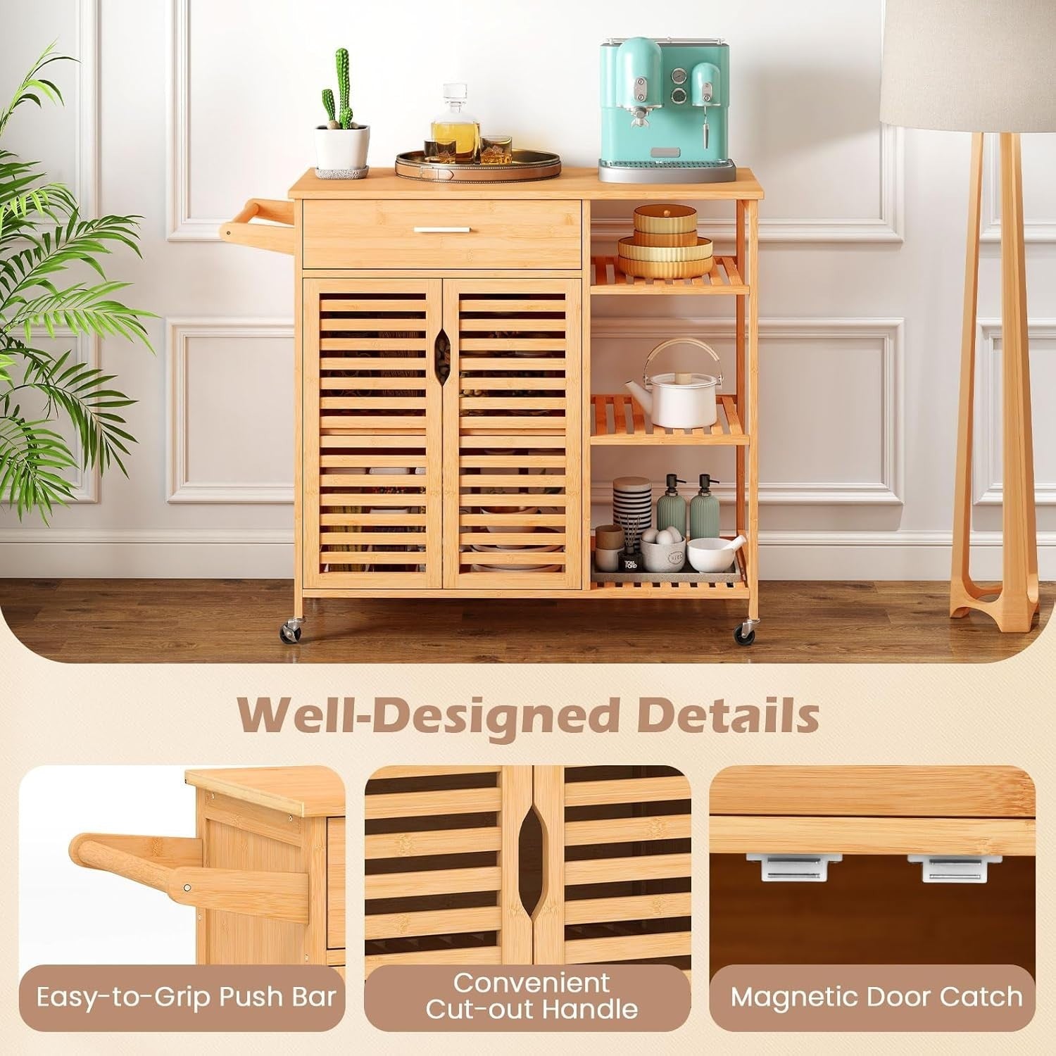 Bamboo Rolling Kitchen Island Cart 104cm Storage Cabinet