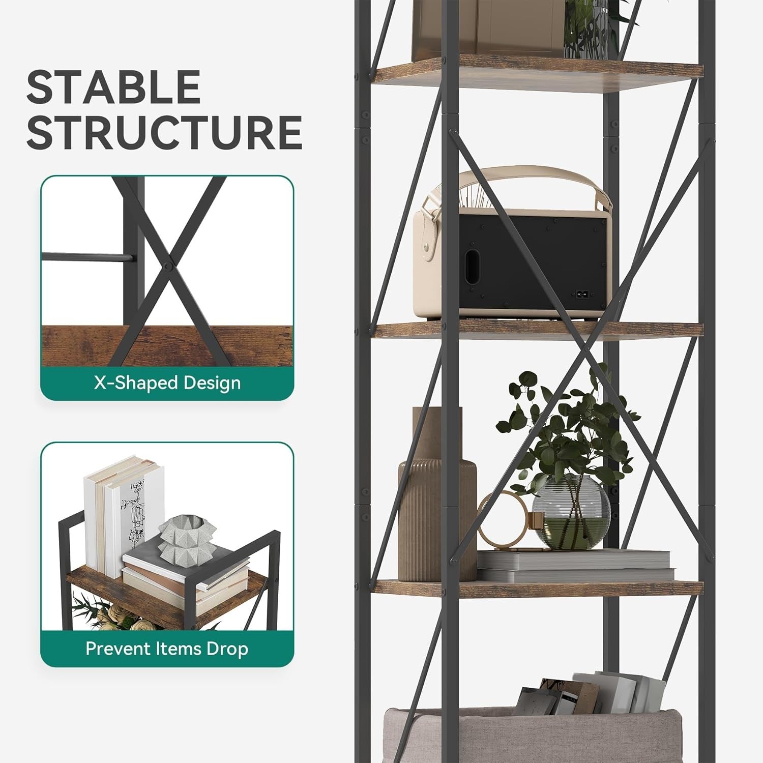 5-Tier Industrial Bookshelf | Metal Frame Rustic Wood Shelves Tall Display Unit