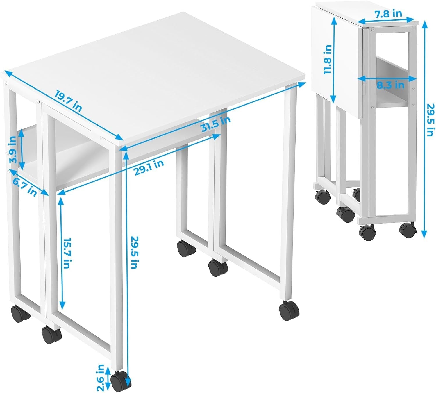 Folding Computer Desk on Wheels with Storage Shelf Space Saving White 80cm